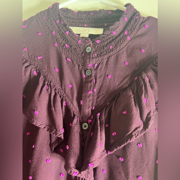 Loft Women’s Prairie Ruffle Yoke Long Sleeve Button Down Top Plum SzM - Picture 9 of 15